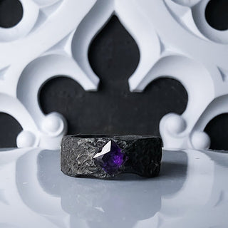 Black Textured Stainless Steel Ring with Amethyst Princess Cut Gemstone