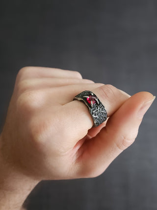 Black stainless steel ring with ruby gemstone