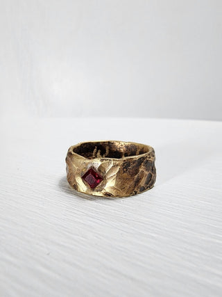 Brass hammered ruby princess cut gemstone ring