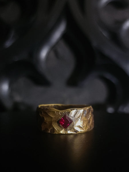 Brass hammered ruby princess cut gemstone ring