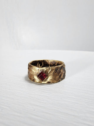 Brass hammered ruby princess cut gemstone ring