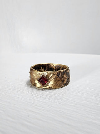 Brass hammered ruby princess cut gemstone ring