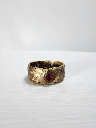 Brass hammered ruby princess cut gemstone ring