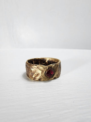 Brass hammered ruby princess cut gemstone ring