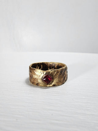 Brass hammered ruby princess cut gemstone ring