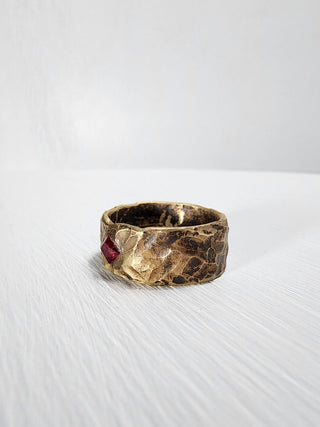 Brass hammered ruby princess cut gemstone ring