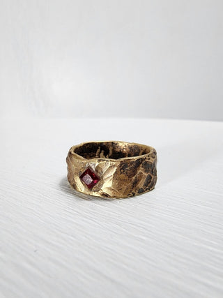 Brass hammered ruby princess cut gemstone ring