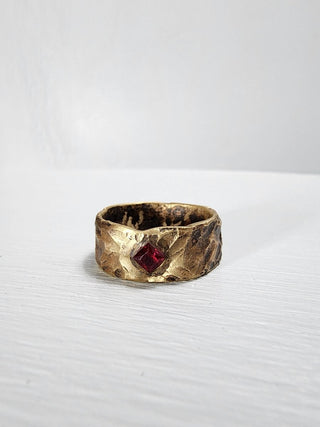 Brass hammered ruby princess cut gemstone ring