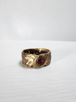 Brass hammered ruby princess cut gemstone ring