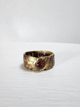 Brass hammered ruby princess cut gemstone ring