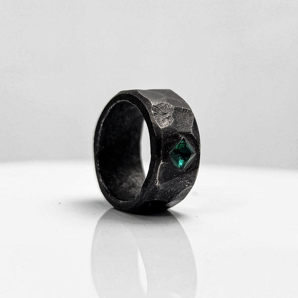 Black Stainless Steel Emerald Princess Cut Gemstone Ring