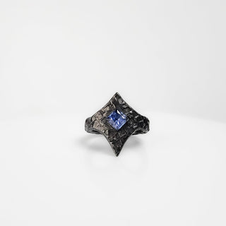 Black Stainless Steel Star Ring with a Sapphire set in the middle