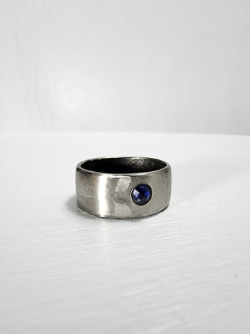 Smooth Stainless Steel Ring with a Sapphire Gemstone