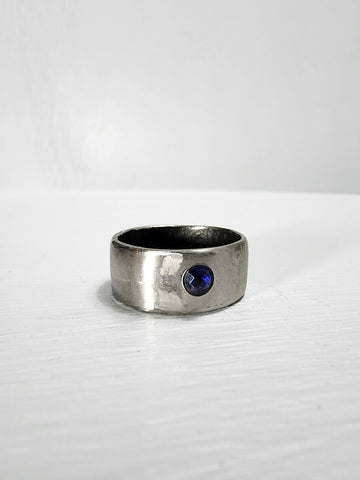 Smooth Stainless Steel Ring with a Sapphire Gemstone