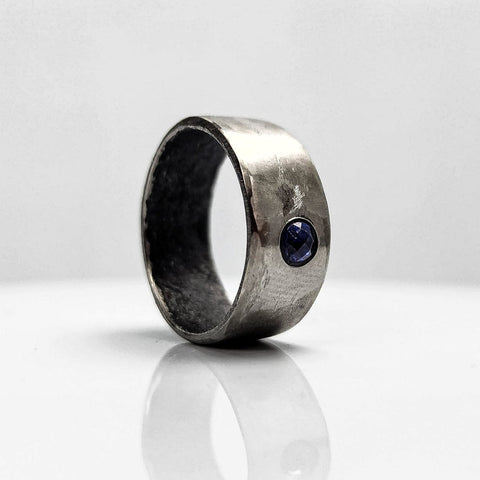 Smooth Stainless Steel Ring with a Sapphire Gemstone