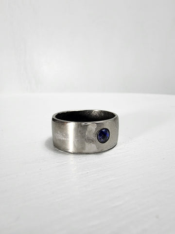 Smooth Stainless Steel Ring with a Sapphire Gemstone