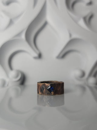 Oxidized Hammered Brass Ring with Sapphire Princess Cut Gemtsone